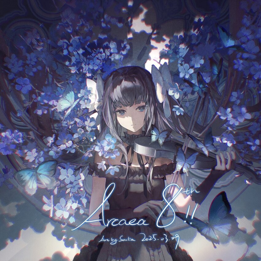 1girl arcaea artist_name bare_shoulders black_bow black_dress black_gloves black_hair blue_eyes bow bug butterfly closed_mouth collar dated dress expressionless flower frilled_collar frilled_dress frills gloves highres holding holding_instrument holding_violin insect instrument lobelia_(saclia) long_hair looking_at_viewer signature solo standing tairitsu_(arcaea) two_side_up upper_body violin white_bow