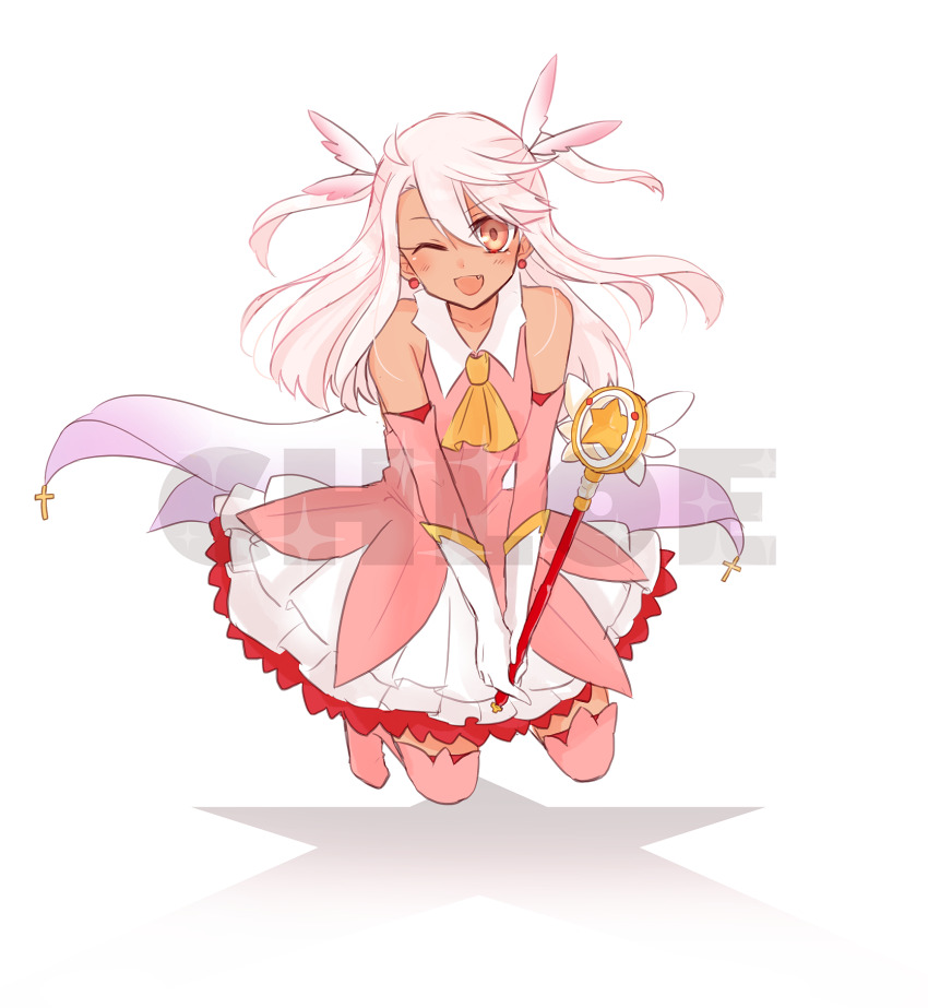 1girl ;d ascot bare_shoulders boots chloe_von_einzbern cosplay dark-skinned_female dark_skin detached_sleeves dress earrings fang fate/kaleid_liner_prisma_illya fate_(series) feather_hair_ornament feathers gloves hair_ornament highres holding holding_wand illyasviel_von_einzbern jewelry long_hair looking_at_viewer magical_girl magical_ruby midair one_eye_closed open_mouth pink_boots pink_hair pink_sleeves prisma_illya prisma_illya_(cosplay) saihara skirt sleeveless sleeveless_dress smile solo star_(symbol) thigh_boots wand white_gloves white_skirt yellow_ascot yellow_eyes