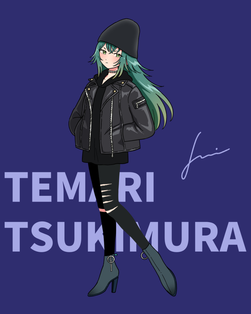 beanie black_hoodie black_jacket black_pants blue_background boots character_name choker full_body gakuen_idolmaster green_eyes green_hair hands_in_pockets hat high_heel_boots high_heels highres hood hoodie idolmaster jacket jacket_over_hoodie jennie_congee leather leather_jacket long_hair open_clothes open_jacket pants simple_background skinny_jeans torn_clothes torn_pants tsukimura_temari