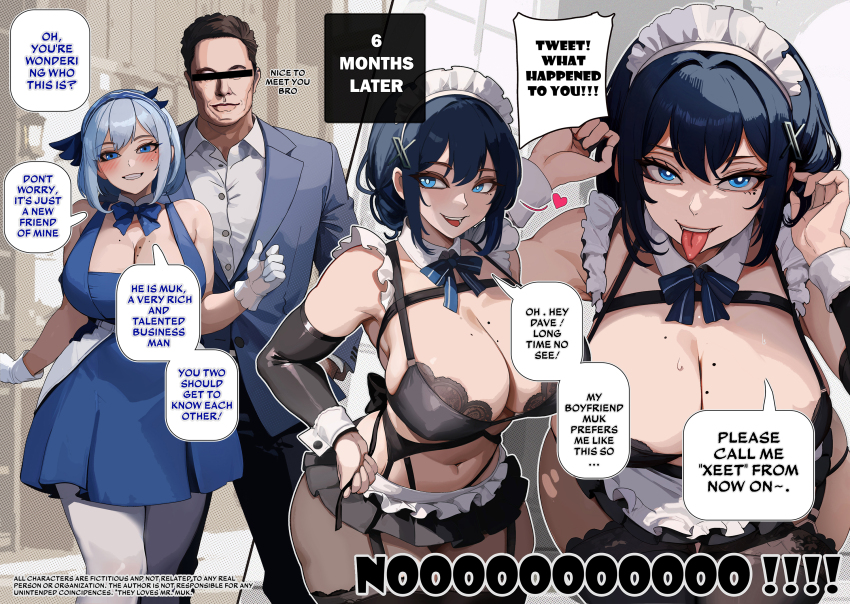 1boy 1girl alternate_costume bar_censor black_bra blue_dress blue_eyes blue_vest bow bowtie bra breasts censored commentary corruption dark_persona detached_collar dress elon_musk english_commentary english_text enmaided gloves highres kinohara_kossuta large_breasts looking_at_viewer maid maid_headdress microskirt mole mole_on_breast mole_under_eye navel netorare original pantyhose personification short_hair skirt tongue tongue_out twitter underwear vest white_gloves white_pantyhose