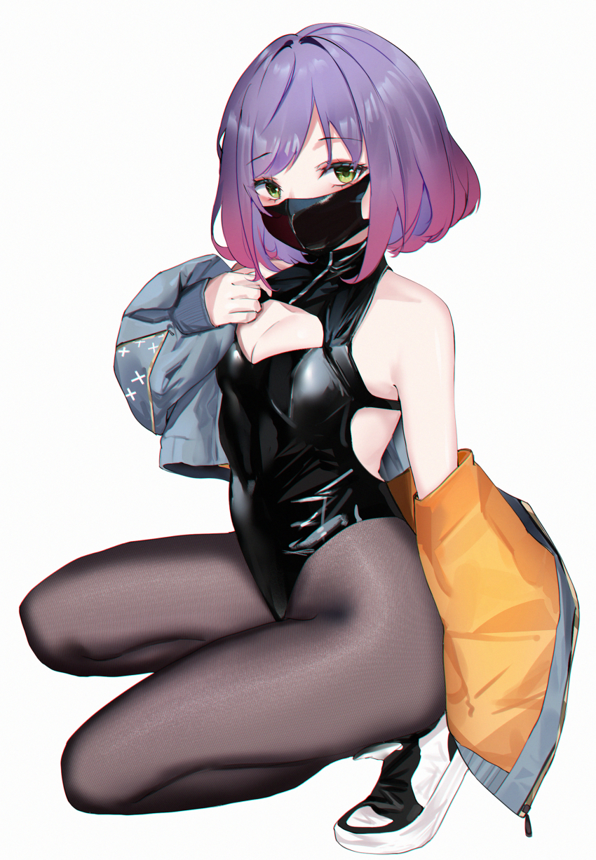 1girl absurdres air_jordan bare_shoulders black_leotard black_mask black_pantyhose breasts cleavage cleavage_cutout clothing_cutout gradient_hair highleg highleg_leotard highres jacket latex latex_leotard latex_mask leotard long_sleeves luna_(yd) mask mouth_mask multicolored_hair off_shoulder pantyhose purple_hair shoes short_hair sneakers solo swimsuit usagi_(786113654) white_background