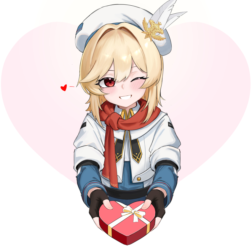 1girl ;d absurdres beret black_gloves black_neckerchief blonde_hair blue_jumpsuit blush fingerless_gloves fingernails girls&#039;_frontline girls&#039;_frontline_2:_exilium gloves hair_intakes hat hat_feather hat_ornament heart heart_in_eye highres holding holding_heart jacket jumpsuit looking_at_viewer medium_hair nagant_(girls&#039;_frontline_2) nagant_revolver_(girls&#039;_frontline) neckerchief one_eye_closed open_mouth red_eyes red_scarf scarf shenqi_xiaohuang smile solo symbol_in_eye two-tone_jumpsuit white_jacket white_jumpsuit