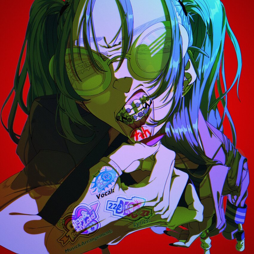 17_s_kyk 1girl ado_(utaite) braces commentary english_commentary highres lip_pull long_hair looking_at_viewer nail_polish odo-chan_(ado) odo_(song) one_eye_closed purple_nails red_background solo sunglasses teeth twintails upper_body