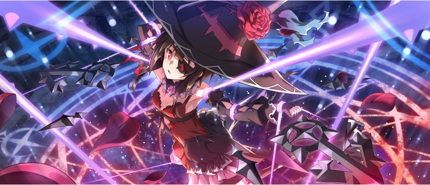 1girl black_collar black_gloves black_hat black_sash breasts brown_hair collar collar_jewel detached_sleeves dress eyepatch fingerless_gloves flower frilled_collar frills game_cg gem gloves glowing glowing_eye hat hat_flower highres kono_subarashii_sekai_ni_shukufuku_wo! konosuba!_fantastic_days looking_at_viewer magic_circle megumin official_alternate_costume official_art parted_lips red_dress red_eyes red_flower red_gemstone red_petals restrained sash short_hair short_hair_with_long_locks sidelocks sleeveless sleeveless_dress small_breasts solo witch_hat