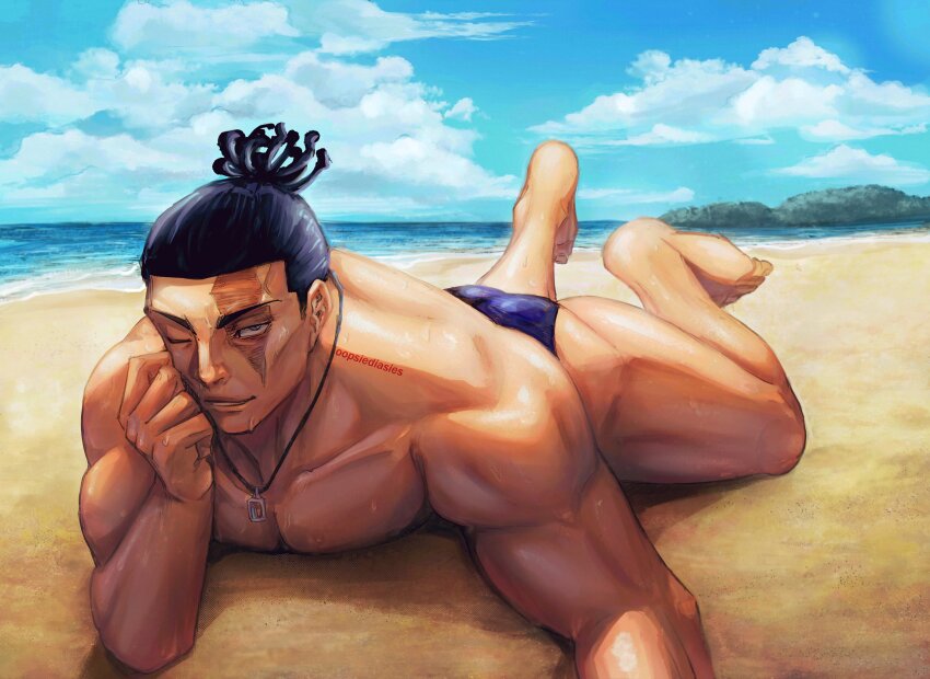 1boy absurdres akutami_gege artist_collaboration ass bara beach black_hair blue_male_swimwear colorized day elbow_rest feet_up full_body highres jujutsu_kaisen looking_at_viewer lying male_focus male_swimwear muscular muscular_male on_stomach one_eye_closed oopsiediasies pectorals sand sanpaku scar scar_across_eye scar_on_face seductive_smile short_hair sideburns smile solo sweat swim_briefs third-party_edit topless_male toudou_aoi_(jujutsu_kaisen) very_sweaty