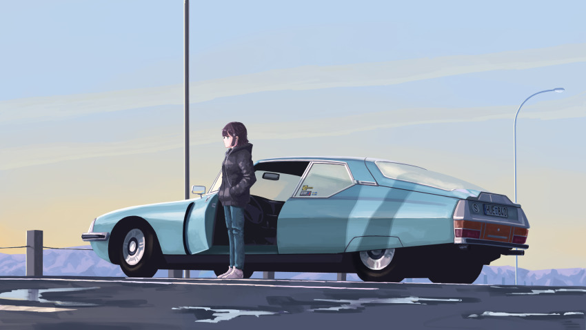 1girl absurdres black_jacket blue_eyes blue_pants brown_hair car citroen citroen_sm closed_mouth denim earphones from_below hair_ornament hairclip hands_in_pockets highres jacket jeans lamppost license_plate medium_hair morning motor_vehicle muscle_car open_door original pants parking_lot rudeko32 shoes sneakers sweden swedish_flag swedish_text vehicle_focus white_footwear wide_shot