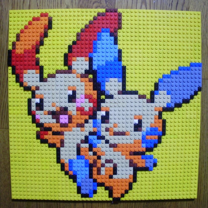 :d closed_mouth game_freak gen_3_pokemon highres lego lego_(medium) looking_to_the_side minun nintendo no_humans open_mouth photo_(medium) pixel_art plusle pokemon pokemon_(creature) simple_background smile unconventional_media yellow_background you_rei_(blowback)