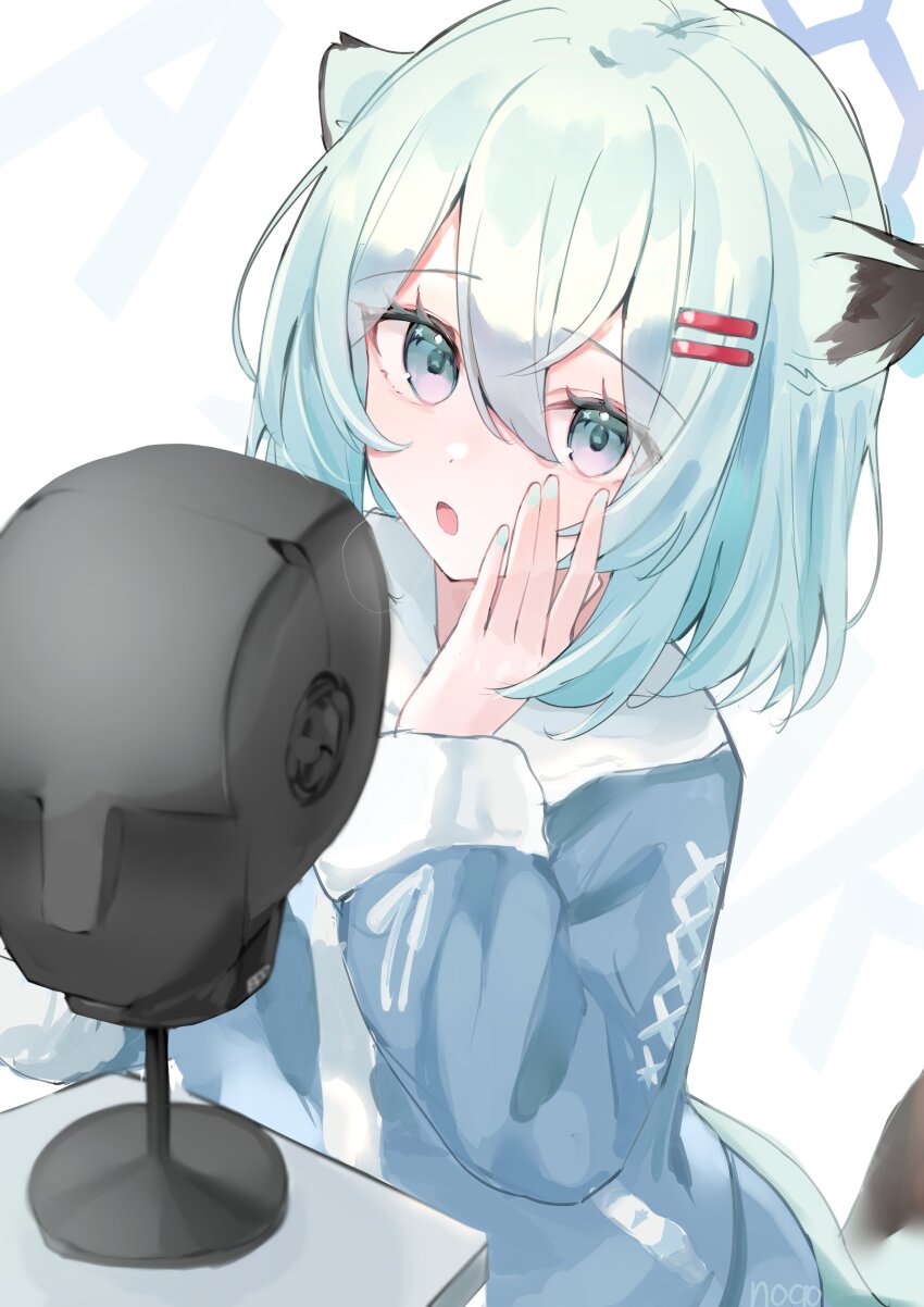 absurdres alternate_costume animal_ears aqua_eyes aqua_hair aqua_nails binaural_microphone blue_archive blue_hair blue_halo hair_ornament hairpin halo hand_on_own_face highres mannequin medium_hair microphone noko_(nco029685627) open_mouth shigure_(blue_archive) signature simple_background tail white_background