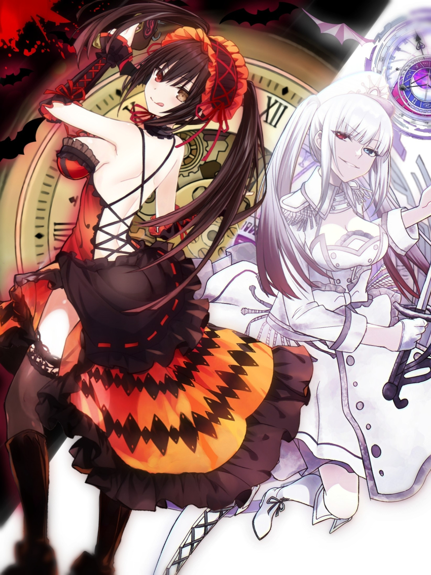 2girls ass backless_dress backless_outfit black_boots black_gloves blue_eyes boots breasts brown_hair cleavage closed_mouth date_a_live dress frilled_dress frills gloves gun heterochromia highres holding holding_gun holding_sword holding_weapon large_breasts looking_at_viewer medium_breasts multiple_girls red_dress red_eyes red_hair saint_laurent_paris smile solo sword tokisaki_kurumi tongue tongue_out weapon white_boots white_dress white_gloves white_hair white_queen_(date_a_live) yellow_eyes
