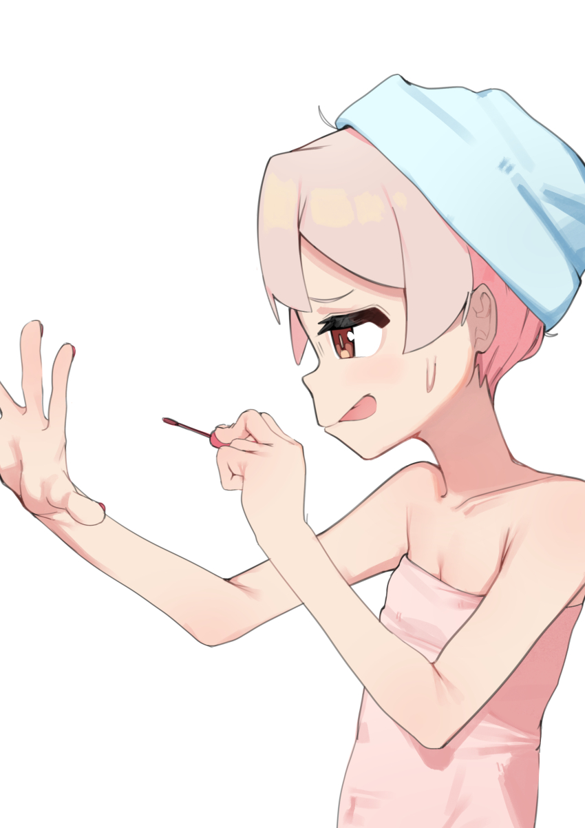 1girl :p absurdres applying_manicure araimelon bare_arms bare_shoulders brown_eyes collarbone commentary english_commentary from_side hair_up highres nail_polish nail_polish_brush naked_towel onii-chan_wa_oshimai! oyama_mahiro painting_nails pink_hair profile red_nails simple_background solo sweatdrop tongue tongue_out towel towel_on_head upper_body white_background