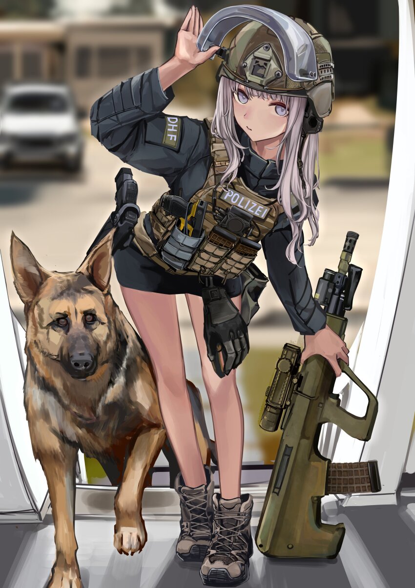 1girl absurdres assault_rifle black_gloves black_jacket blurry bullpup car chest_rig combat_helmet depth_of_field dog german_text gloves green_headwear gun helmet highres jacket leaning_forward lithographica motor_vehicle optical_sight original police police_uniform policewoman rifle s.w.a.t. solo steyr_aug taser unworn_gloves weapon white_hair