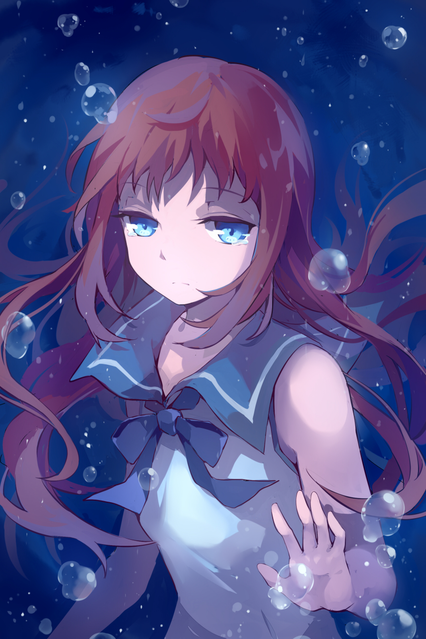 1girl absurdres blue_eyes blue_neckwear blue_sailor_collar brown_hair bubble dress female_focus floating_hair highres komi_(icemeko) long_hair mukaido_manaka nagi_no_asukara sailor_collar sailor_dress sleeveless sleeveless_dress solo underwater upper_body very_long_hair white_dress