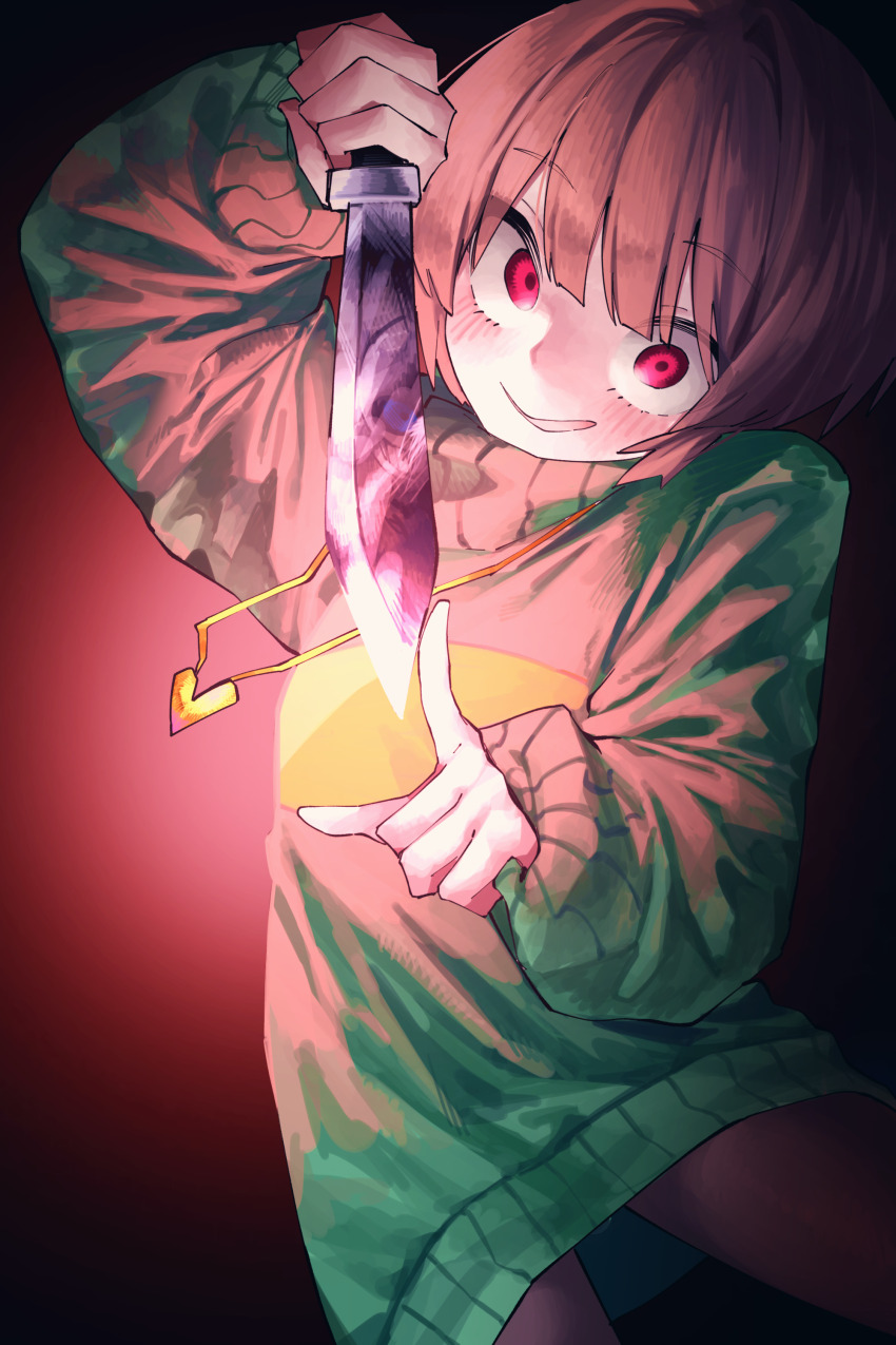 1boy 1other absurdres androgynous brown_hair brown_shorts chara_(undertale) glowing green_sweater grin heart heart_necklace highres holding holding_knife jewelry knife looking_at_viewer necklace red_eyes sans_(undertale) short_hair shorts simple_background smile striped_clothes striped_sweater sweater two-tone_sweater undertale vivo_(vivo_sun_0222)