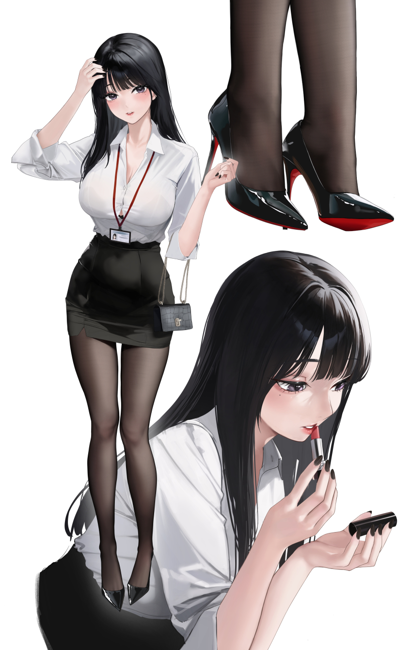 1girl abab_xiaxia absurdres applying_lipstick applying_makeup black_eyes black_hair black_nails black_pantyhose black_skirt blush breasts christian_louboutin_(brand) collared_shirt full_body high_heels highres holding id_card large_breasts lipstick long_hair long_sleeves looking_at_viewer louboutins makeup miniskirt nail_polish original pantyhose parted_lips patent_heels pumps red_soles shirt shirt_tucked_in shoes skirt standing stiletto_heels thighs white_shirt