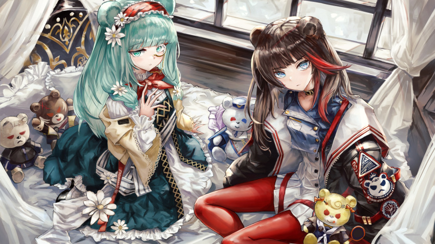 2girls animal_ears arknights blue_eyes brown_hair closed_mouth commentary curtains flower frilled_hairband frills green_eyes green_hair hair_flower hair_ornament hairband highres istina_(arknights) light_blush long_hair long_sleeves looking_at_viewer monochrome multicolored_hair multiple_girls on_(yattemasu) pantyhose parted_lips red_hair red_hairband red_pantyhose sitting streaked_hair stuffed_animal stuffed_toy teddy_bear white_flower window windowsill zima_(arknights)
