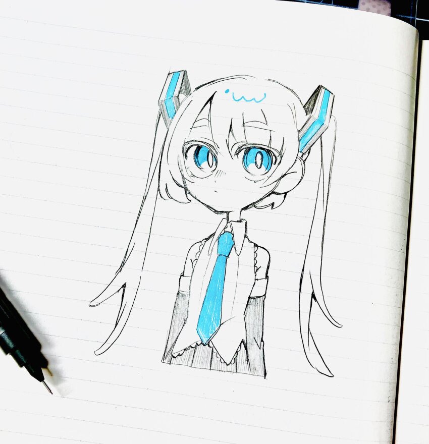 137syou aqua_eyes aqua_necktie aqua_ribbon bare_shoulders black_skirt black_sleeves chibi collared_shirt detached_sleeves dutch_angle hatching_(texture) hatsune_miku highres linear_hatching long_hair looking_at_viewer looking_to_the_side marker_(medium) miku_day millipen_(medium) necktie pen_(medium) photoshop_(medium) pleated_skirt ribbon shirt sketch skinny skirt sleeveless sleeveless_shirt traditional_media twintails very_long_hair vocaloid