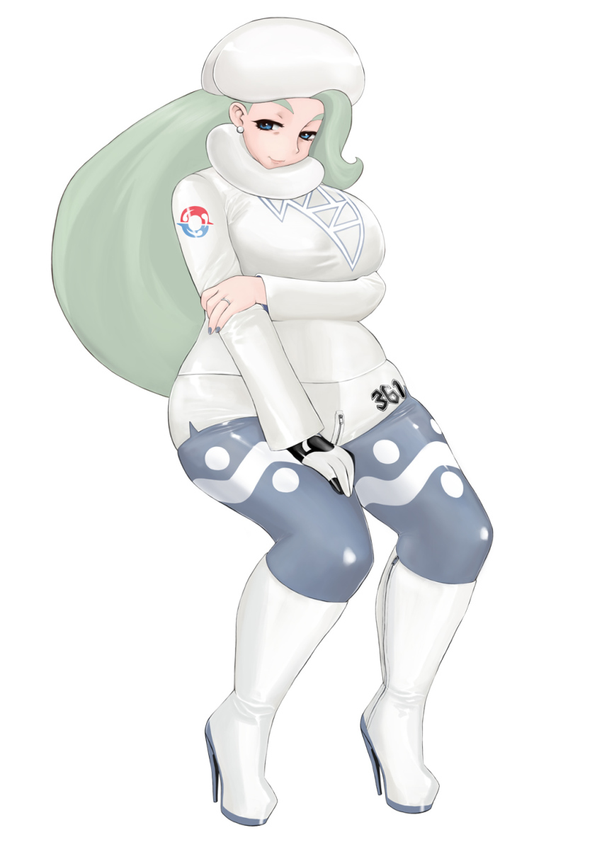 1girl blue_eyes bodysuit boots female_focus green_hair gym_leader highres invisible_chair komii latex long_hair mature_female melony_(pokemon) nintendo pokemon pokemon_swsh sitting skin_tight solo thigh_boots thighhighs