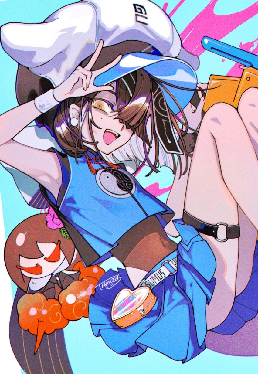 1girl bare_shoulders black_hair blue_shirt blue_skirt breasts brown_eyes brown_one-piece_swimsuit character_doll crop_top doll endo_(takolegs) fate/grand_order fate_(series) hair_over_one_eye hat highres looking_at_viewer miniskirt mole mole_under_eye one-piece_swimsuit open_mouth shirt short_hair skirt sleeveless sleeveless_shirt small_breasts smile solo swimsuit swimsuit_under_clothes thigh_strap thighs white_hat wristband xu_fu_(fate) xu_fu_(swimsuit_avenger)_(first_ascension)_(fate) yin_yang yin_yang_print yu_mei-ren_(fate)