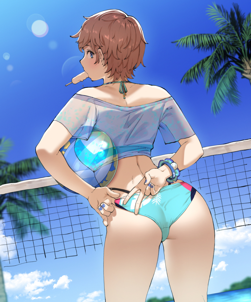 1girl adjusting_clothes adjusting_swimsuit ah-lyong_lee arai_motoha armband ass back ball beachball bikini bikini_bottom_only blue_armband blue_eyes blue_nails brown_hair cloud food food_in_mouth from_behind highres holding holding_ball holding_beachball lens_flare looking_at_viewer looking_back mouth_hold off-shoulder_shirt off_shoulder outdoors palm_tree persona persona_5 persona_5:_the_phantom_x popsicle popsicle_in_mouth shirt short_sleeves sky solo swimsuit thighs tree v volleyball_net water