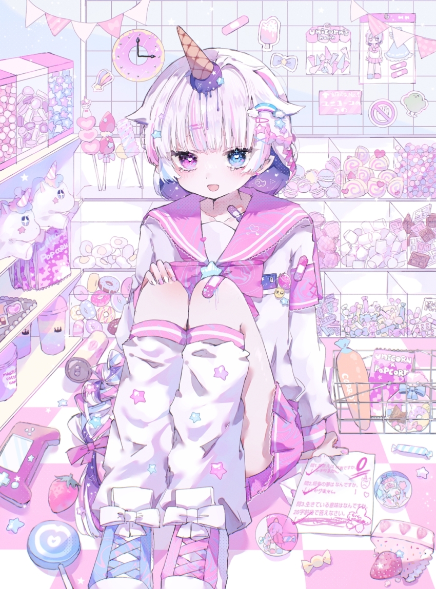 1girl bow bowtie candy clock colored_inner_hair commentary controller donut emoji food fruit game_controller heterochromia highres hiro_0607 ice_cream_cone indoors loaded_interior lollipop loose_socks marshmallow multicolored_hair original pink_bow pink_bowtie pink_sailor_collar pink_skirt pink_theme pleading_face_emoji pleated_skirt rainbow_hair_ornament sailor_collar school_uniform serafuku shirt shop short_hair sitting skirt socks solo sticker strawberry stuffed_unicorn sweets symbol-only_commentary unicorn_horn white_hair white_shirt yume_kawaii
