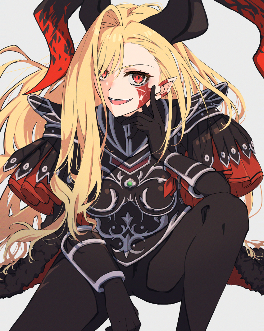 1girl absurdres anianiani0607 armor black_bodysuit blonde_hair bodysuit cape dragon_horns fate/grand_order fate_(series) from_above fur-trimmed_cape fur_trim hair_over_one_eye highres horns long_hair looking_at_viewer looking_up nero_claudius_(fate) pauldrons pointy_ears pteruges queen_draco_(fate) queen_draco_(third_ascension)_(fate) red_eyes red_scales shoulder_armor simple_background sitting skin_tight smile spread_legs white_background