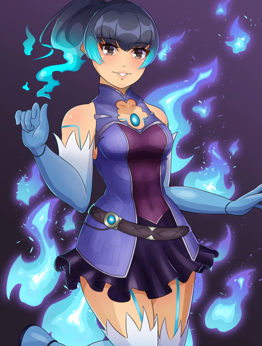 1girl bare_shoulders blue_fire breasts brighid_(xenoblade) brighid_(xenoblade)_(cosplay) brown_eyes cosplay dark-skinned_female dark_skin dress elbow_gloves fire gloves highres lips medium_breasts medium_hair purple_background sena_(xenoblade) short_dress side_ponytail sleeveless thighhighs xenoblade_chronicles_(series) xenoblade_chronicles_2 xenoblade_chronicles_3 yaizaberry