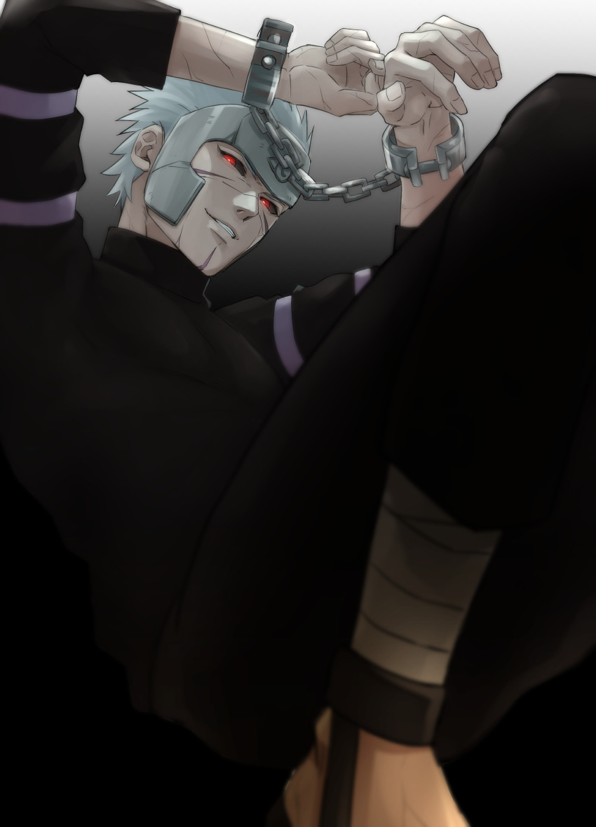 1boy black_background black_pants black_sclera black_shirt chain colored_sclera cuffs gradient_background grey_hair handcuffs highres kemu_(19002265km) long_sleeves male_focus naruto_(series) pants red_eyes scar scar_on_arm scar_on_face senju_tobirama shirt short_hair solo