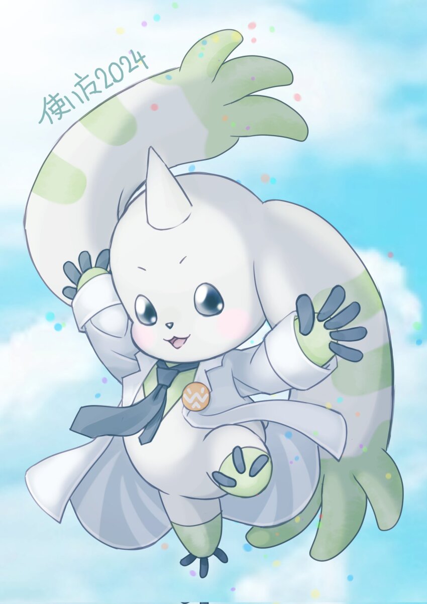 black_eyes coat digimon digimon_(creature) highres horns jumping long_ears necktie solo terriermon_assistant