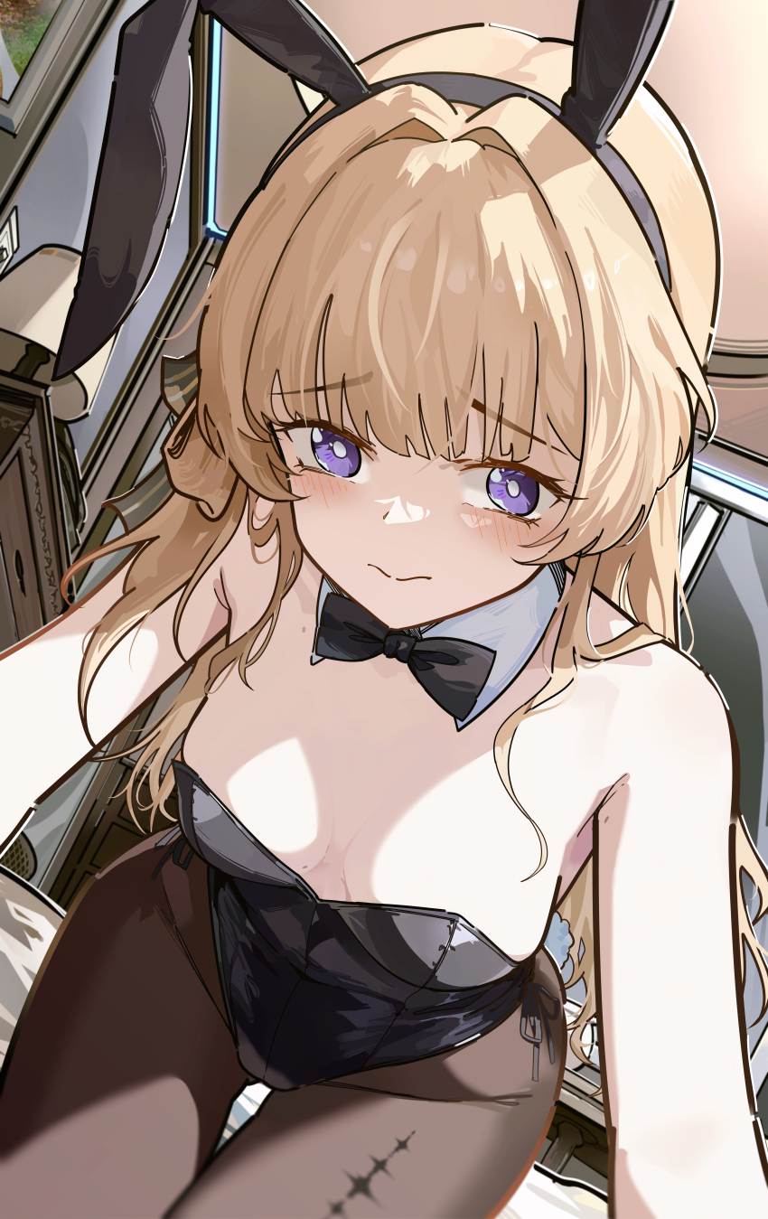 1girl absurdres alternate_costume animal_ear_hairband animal_ears bare_shoulders black_bow black_bowtie black_leotard black_pantyhose blonde_hair blush bow bowtie breasts closed_mouth collar commentary detached_collar english_commentary fake_animal_ears hairband highres indoors leotard long_hair looking_at_viewer pantyhose phoebe_(wuthering_waves) playboy_bunny purple_eyes rabbit_ear_hairband rabbit_ears ryeon_(naturesan) small_breasts solo strapless strapless_leotard tacet_mark_(wuthering_waves) white_collar wuthering_waves