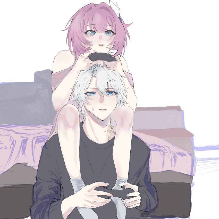 1boy 1girl bed black_shirt blue_eyes commentary controller couple cyrene_(honkai:_star_rail) game_controller gold_tattoo grey_socks gux05886478 hair_ornament hetero highres holding holding_controller holding_game_controller honkai:_star_rail honkai_(series) indoors neck_tattoo parted_lips phainon_(honkai:_star_rail) pink_hair playing_games shirt short_hair sitting_on_shoulder socks symbol-only_commentary tattoo white_hair