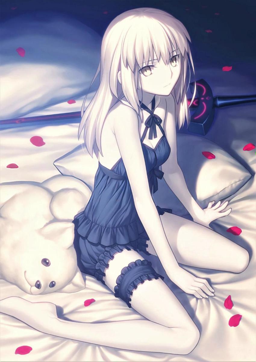 1girl artoria_pendragon_(fate) barefoot bed black_pajamas dark_persona excalibur_(fate/stay_night) excalibur_morgan_(fate) fate/stay_night fate_(series) flower gothic_lolita grey_hair highres lolita_fashion looking_at_viewer medium_hair pajamas pedal pillow saber_alter scan stuffed_animal stuffed_toy takeuchi_takashi underwear yellow_eyes