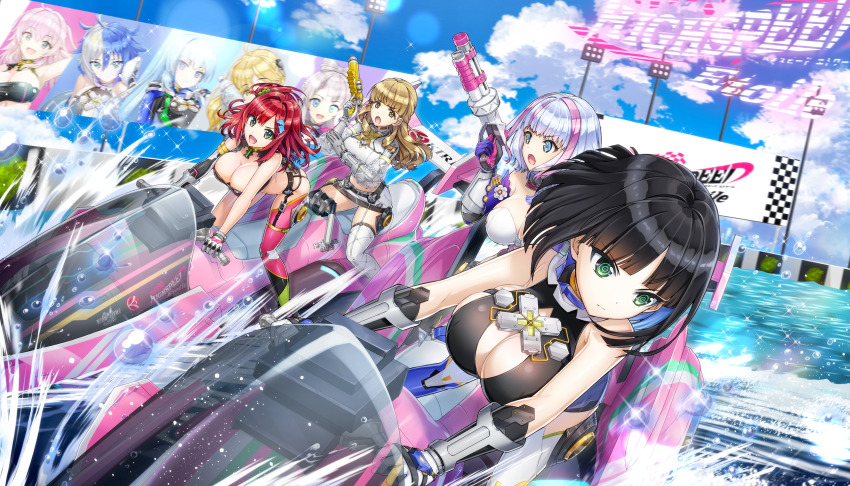 4girls asakawa_kanata ass asymmetrical_gloves asymmetrical_legwear ayato_utae bikini black_hair blonde_hair blue_eyes blue_sky breasts cleavage cloud cosplay dolphin_hair_ornament dolphin_wave eines_(dolphin_wave) elbow_gloves game_cg gloves green_eyes hair_ornament hairclip highres highspeed_etoile holding holding_water_gun jet_ski kukuri_tomo large_breasts liu_youran long_hair looking_at_another miniskirt multicolored_hair multiple_girls non-web_source official_art on_jet_ski ootomo_takuji purple_hair red_hair rindo_rin sakimiya_iruka short_hair side_ponytail skirt sky sophia_b_tokitou swimsuit symbol-shaped_pupils water_gun watercraft wavy_hair yellow_eyes