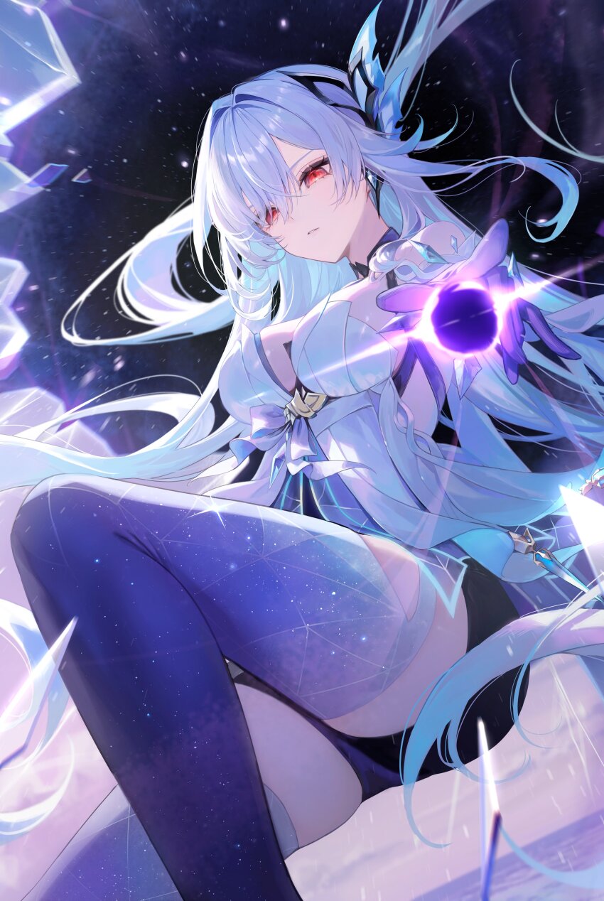 1girl absurdres black_hole breasts broken_glass dress floating_hair genshin_impact glass grey_hair highres long_hair looking_at_viewer magako parted_lips prosthesis prosthetic_arm prosthetic_leg reaching reaching_towards_viewer skirk_(genshin_impact) solo very_long_hair