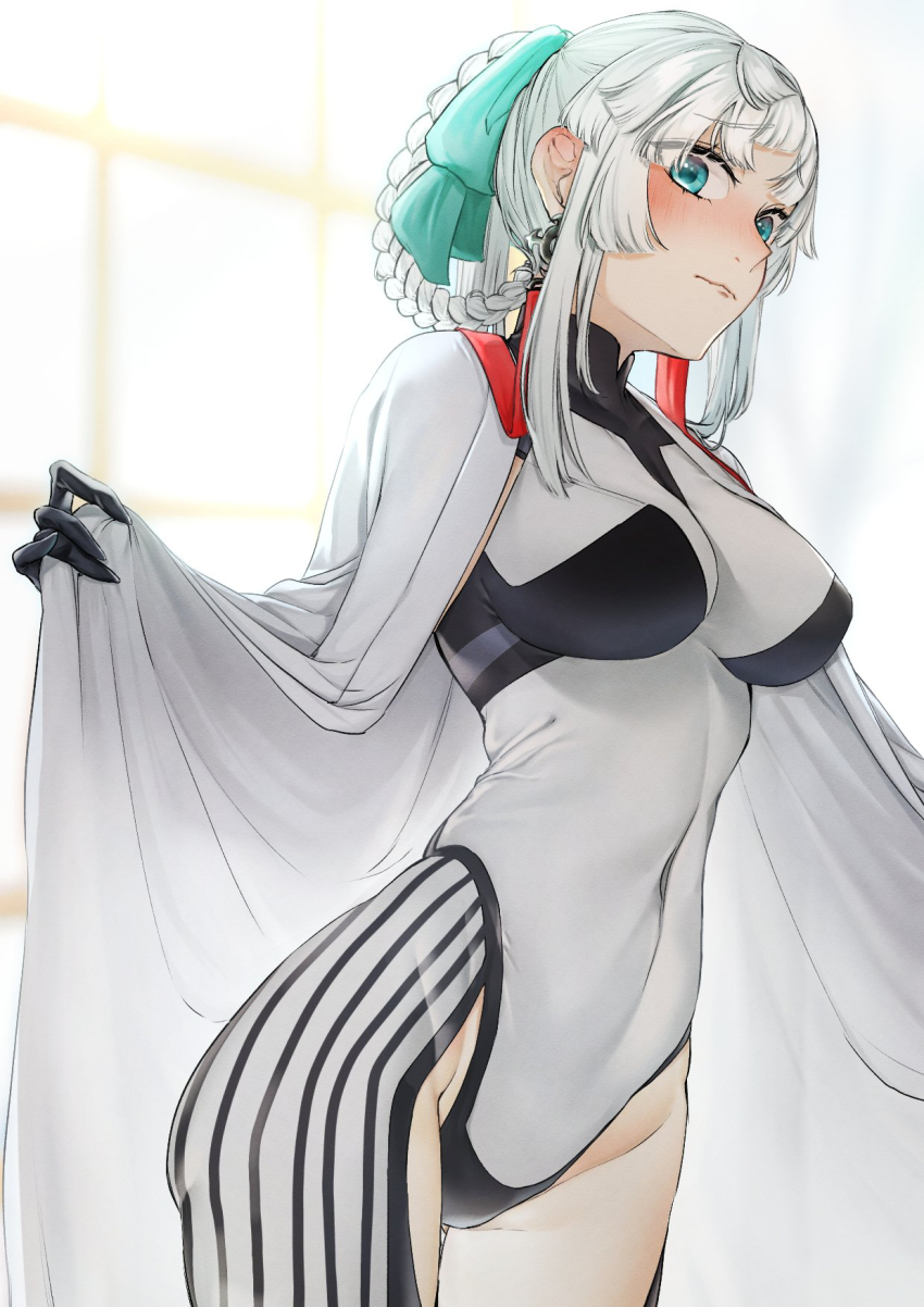 1girl armpit_cutout black_bodysuit blush bodysuit braid braided_hair_rings breasts cloak clothing_cutout covered_navel earrings fate/grand_order fate/samurai_remnant fate_(series) green_eyes hair_ribbon hair_rings highleg highres hiyayaako jewelry large_breasts long_hair looking_at_viewer ponytail ribbon sidelocks solo thigh_cutout thighs two-tone_bodysuit white_bodysuit white_cloak white_hair yui_shousetsu_(fate) yui_shousetsu_(first_ascension)_(fate)