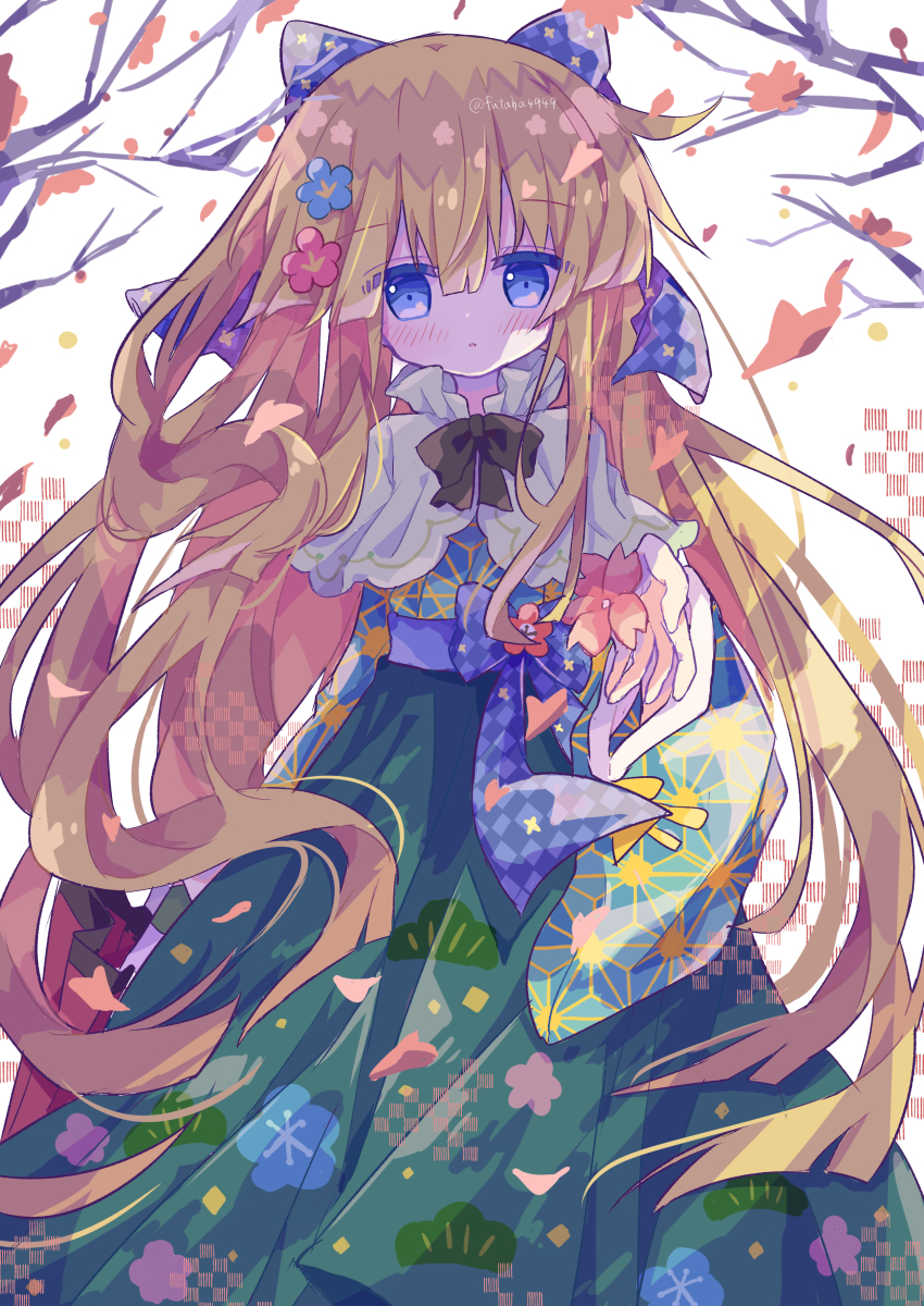 1girl absurdres asa_no_ha_(pattern) black_ribbon blonde_hair blue_eyes blush capelet commentary_request flower futaba969649 green_kimono green_skirt hair_flower hair_ornament hair_ribbon highres japanese_clothes kimono long_hair long_sleeves looking_at_viewer madou_monogatari official_alternate_costume purple_ribbon puyopuyo puyopuyo_quest ribbon skirt solo tree white_background white_capelet witch_(puyopuyo)