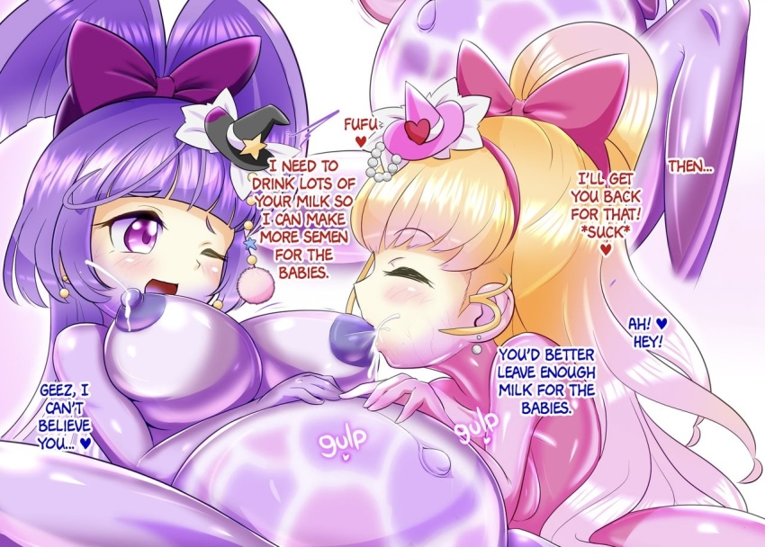 asahina_mirai blonde_hair breasts colored_skin closed_eyes izayoi_liko lactation large_breasts mahou_girls_precure! nipples pink_skin precure purple_hair purple_skin transformation yuri zakkin