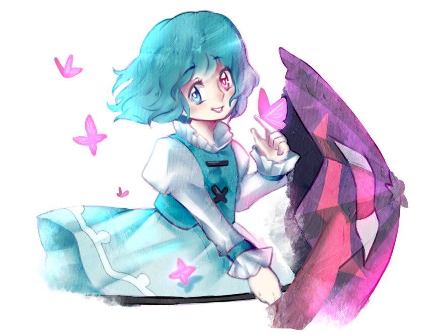 1girl aqua_hair bad_id bad_twitter_id blue_eyes blue_skirt blue_vest bright_pupils bug butterfly butterfly_on_hand collared_shirt commentary cropped_legs eyelashes floating_clothes floating_hair frilled_shirt_collar frilled_sleeves frills hashtag-only_commentary heterochromia highres holding holding_umbrella insect juliet_sleeves light_blush light_particles lipstick long_sleeves long_tongue looking_at_viewer luo_qiangwei makeup miniskirt open_mouth pink_butterfly pink_lips pleated_skirt puffy_sleeves purple_umbrella red_eyes shirt short_hair simple_background skirt sleeves_past_wrists smile socks solo tatara_kogasa teeth tongue touhou umbrella vest white_background white_pupils white_socks wind
