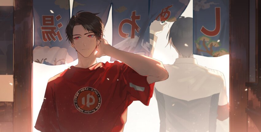 2boys arm_behind_head armband black_hair brown_hair doran_(doran7280) fenix_uniform gloves happy_spa helmet highres igarashi_daiji igarashi_ikki kamen_rider kamen_rider_revice male_focus military military_uniform multiple_boys pink_eyes red_shirt shirt short_hair solo_focus upper_body
