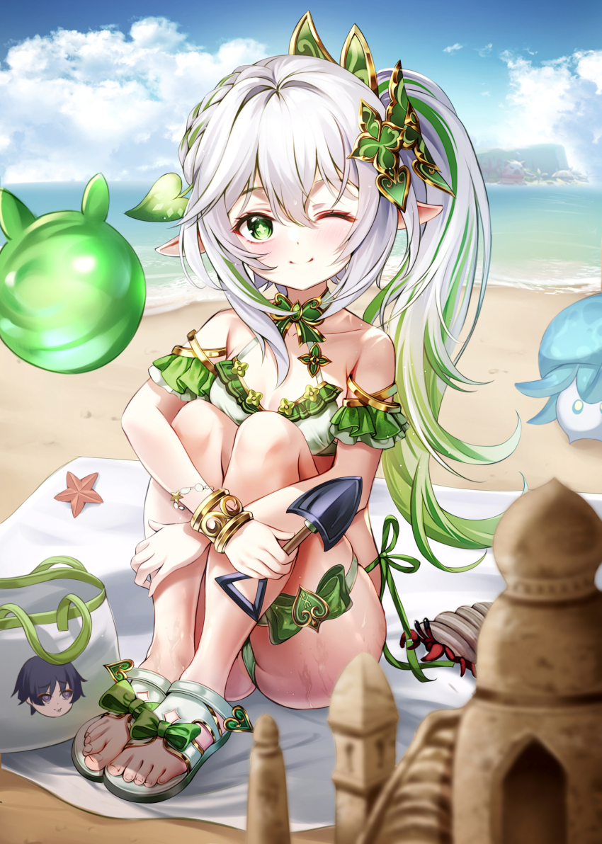 1girl ;) absurdres adapted_costume arm_strap beach bikini bnari bracelet cloud collarbone crab full_body fungi_(genshin_impact) genshin_impact green_bikini green_eyes green_hair green_ribbon hermit_crab highres holding island jewelry leg_ribbon looking_at_viewer multicolored_bikini multicolored_hair nahida_(genshin_impact) ocean one_eye_closed outdoors pointy_ears ribbon sandals scaramouche_(genshin_impact) seelie_(genshin_impact) side-tie_bikini_bottom sitting skindentation smile solo starfish summer swimsuit thigh_ribbon towel two-tone_bikini two-tone_hair wanderer_(genshin_impact) white_bikini white_hair