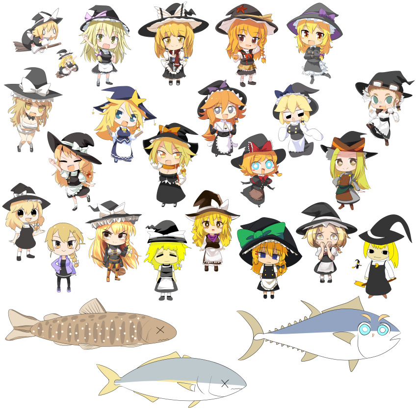 &lt;o&gt;_&lt;o&gt; 6+girls :3 absurdres agucala_(cookie) akane_(cookie) apron azusa_(cookie) black_capelet black_coat black_dress black_eyes black_footwear black_gloves black_headwear black_legwear black_skirt black_vest blonde_hair blue_eyes blush boots bow bowtie braid breasts bright_pupils broom broom_riding brown_eyes capelet character_request chibi cleavage closed_eyes closed_mouth coat commentary_request cookie_(touhou) cosplay dress empty_eyes everyone expressionless fish frilled_apron frilled_hat frilled_skirt frills frown full_body gloves goggles goggles_on_headwear gogogo_(cookie) gordon_freeman gordon_freeman_(cosplay) green_bow grin hair_bow hair_flaps half-life half-life_(series) hat hat_bow hat_ornament higashi_aisu highres ichirou_(cookie) jacket kirisame_marisa koga_(cookie) kohaku_(cookie) large_breasts lets0020 long_hair long_sleeves looking_at_viewer mars_(cookie) mary_janes medium_breasts medium_hair meguru_(cookie) mikami_makoto multiple_girls open_mouth orange_hair orange_scarf pink_bow puffy_short_sleeves puffy_sleeves purple_bandana purple_bow purple_jacket red_bow red_bowtie red_scarf red_star rei_(cookie) ruka_(cookie) sarashi scarf shirt shoes short_hair short_sleeves side_braid simple_background single_braid skirt small_breasts smile socks star_(symbol) star_hat_ornament sugar_(cookie) suzu_(cookie) touhou transparent_background tuna turtleneck uzuki_(cookie) vest waist_apron white_apron white_bow white_legwear white_pupils white_shirt witch_hat yellow_eyes yurina_amado yuuhi_(cookie) zakuro_ishi