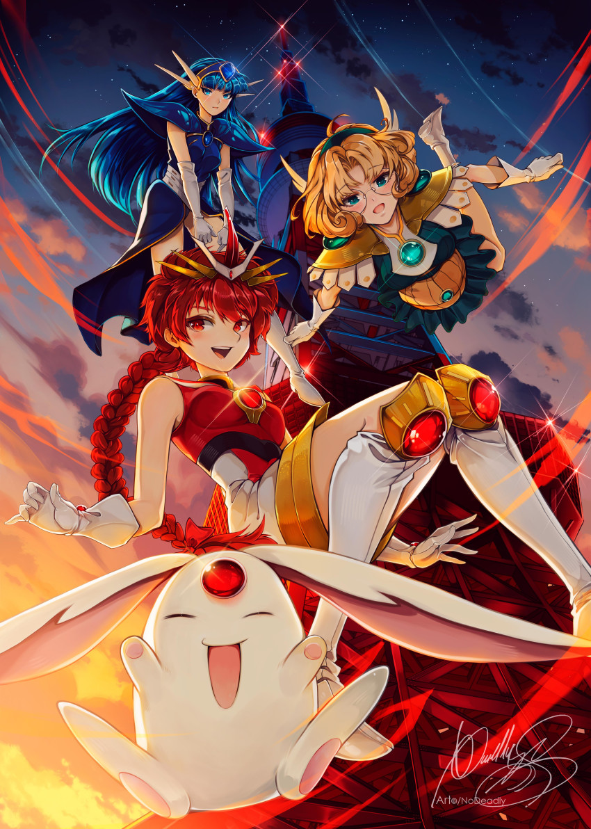 3girls absurdres armor character_request clamp_(circle)_(style) falling fantasy floating flying freediving gem highres hououji_fuu magic magic_knight_rayearth mokona multiple_girls radio_antenna ryuuzaki_umi shidou_hikaru tower x_deadly