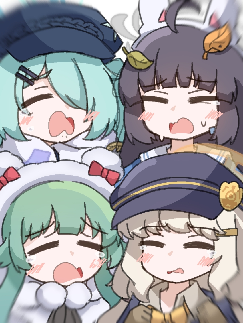 4girls animal_ear_hairband animal_ears animal_hood aoba_(blue_archive) black_hair blonde_hair blue_archive crying fake_animal_ears green_hair hair_ornament hairband hairpin halo hat highres hiyori_(blue_archive) hood miyu_(blue_archive) momiji_(blue_archive) multiple_girls nakashiro116