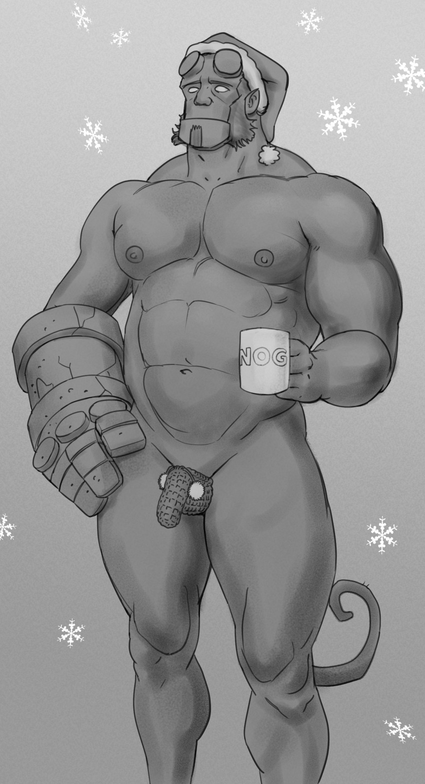 1boy absurdres bara belly blank_eyes broken_horn christmas cup demon_boy facial_hair feet_out_of_frame flaccid greyscale hat hellboy hellboy_(comic) highres horns large_hands large_pectorals looking_ahead male_focus mature_male monochrome monster_boy mug muscular muscular_male mutton_chops nipples nude pectorals penis penis_sheath santa_hat smagma snowflake_background solo standing strongman_waist thick_thighs thighs ugly_man