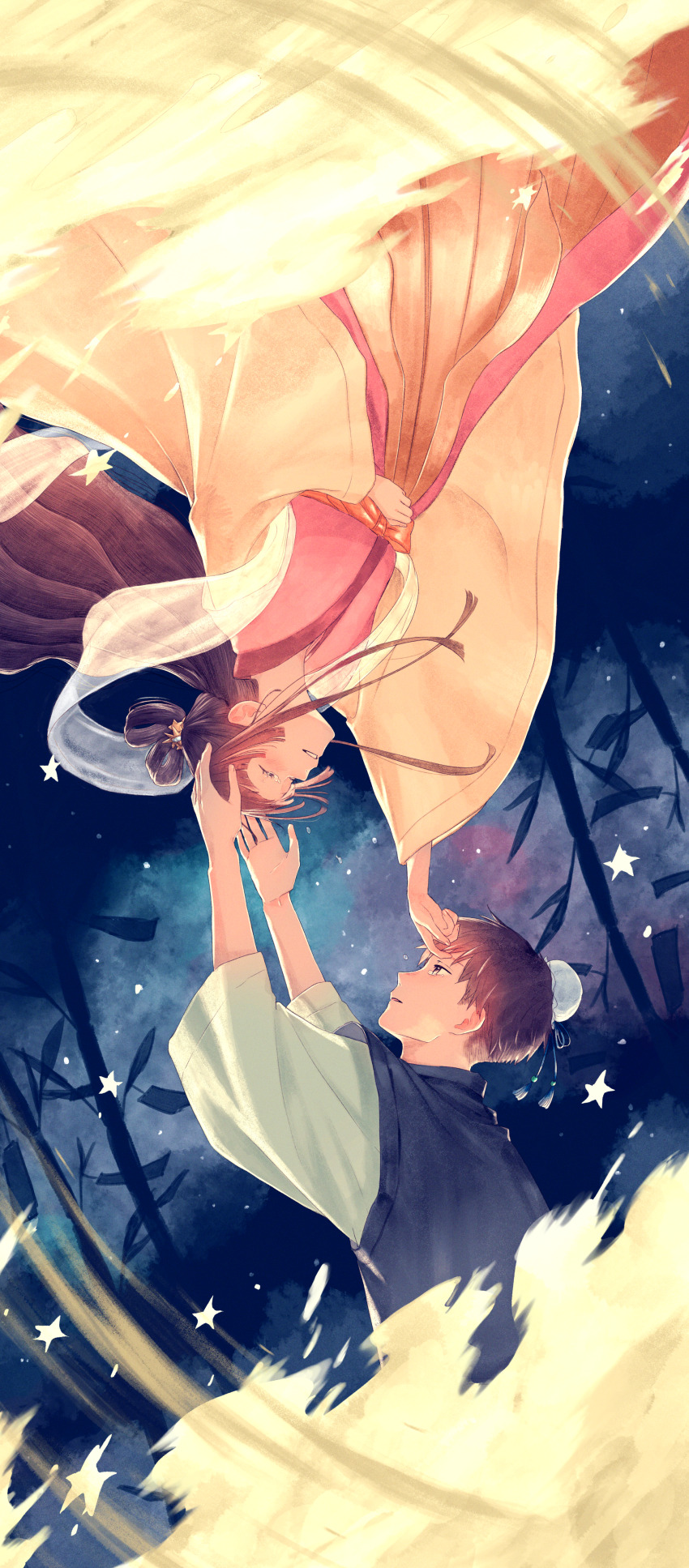 1boy 1girl absurdres bamboo black_hair branch closed_eyes crying crying_with_eyes_open floating hagoromo hair_rings highres hikoboshi japanese_clothes kanai_(nai_nai) kimono long_hair looking_at_another obi original orihime_(tanabata) parted_lips pink_kimono sash shawl sky smile star_(sky) star_(symbol) starry_sky tanabata tanzaku tears upside-down