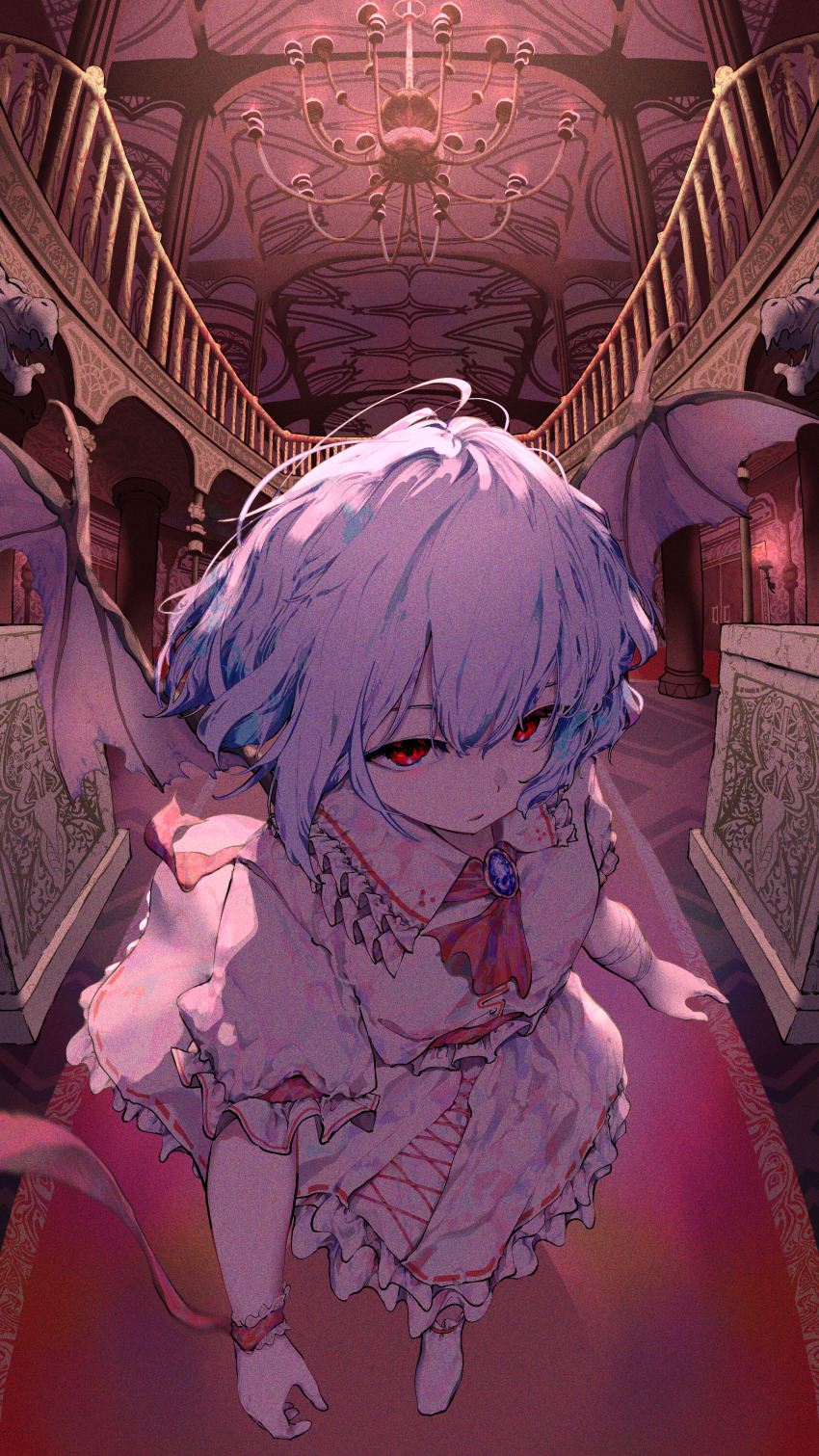 1girl absurdres ascot bat_wings blue_hair brooch carpet chandelier commentary_request frilled_shirt_collar frilled_skirt frills hair_between_eyes highres indoors jewelry looking_at_viewer pillar pink_shirt pink_skirt puffy_short_sleeves puffy_sleeves railing red_ascot red_carpet red_eyes remilia_scarlet shirt short_hair short_sleeves skirt solo statue touhou walking white_shirt white_skirt wings yuara