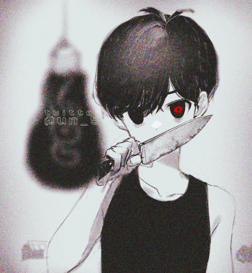 1boy absurdres bare_arms black_hair black_shirt black_tank_top collarbone covered_mouth film_grain grey_background heterochromia highres holding holding_knife knife light_bulb looking_at_viewer male_focus omori omori_(omori) red_eyes shirt short_hair solo tank_top tendoshi