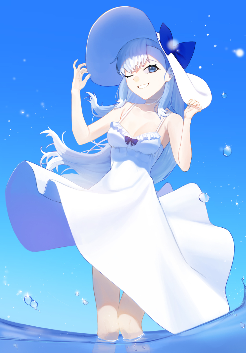 1girl blue_eyes blue_hair breasts colored_tips dress hat highres hololive hololive_indonesia kobo_kanaeru liquid_hair long_hair medium_breasts multicolored_hair ocean one_eye_closed takgi virtual_youtuber water white_dress