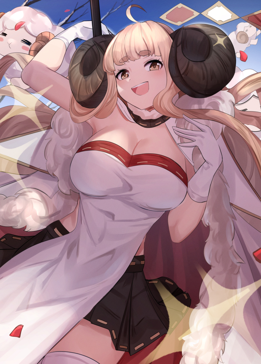 1girl :d =_= anila_(granblue_fantasy) arm_up armpits blonde_hair blunt_bangs blush_stickers breasts brown_eyes cape cleavage cowboy_shot curled_horns daweykun draph fur_trim gloves granblue_fantasy highres horns large_breasts long_hair open_mouth pleated_skirt sheep sheep_horns short_eyebrows sidelocks skirt sky smile solo sparkle teeth thighhighs upper_teeth_only white_gloves