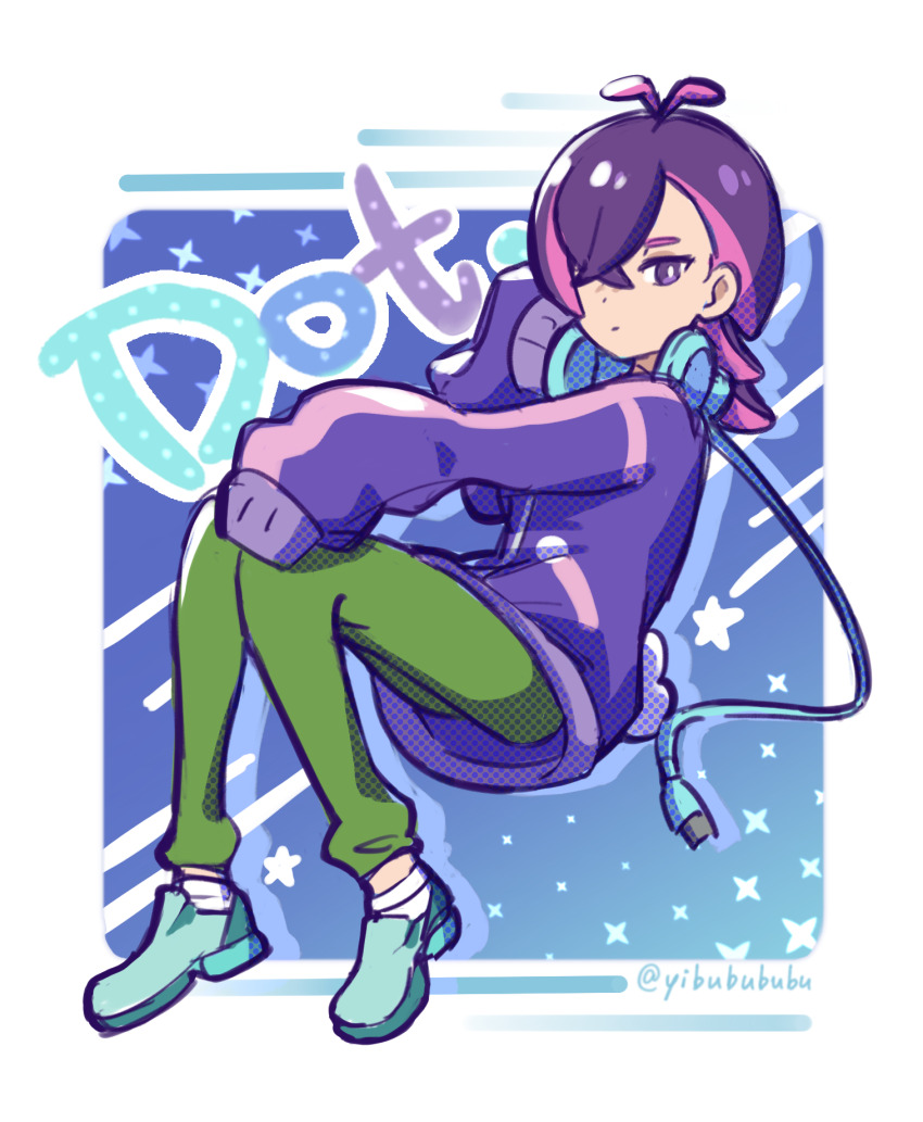 1girl antenna_hair border bright_pupils cable character_name closed_mouth commentary_request crossed_bangs dot_(pokemon) full_body green_pants green_shoes hair_over_one_eye hand_up headphones highres jacket long_sleeves multicolored_hair nintendo outside_border pants pink_hair pokemon pokemon_(anime) pokemon_horizons purple_eyes purple_hair purple_jacket shoes sleeves_past_fingers sleeves_past_wrists socks solo two-tone_hair white_border white_pupils white_socks yibuzhai