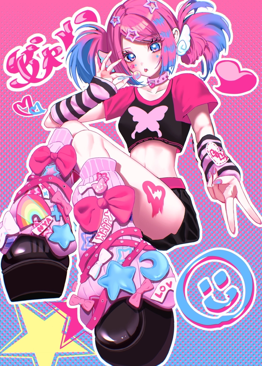 1girl blue_eyes candy crop_top decora food gyaru heart highres holding holding_candy holding_food holding_lollipop lollipop loose_socks midriff original pink_hair shoes short_twintails shorts siranami_eight sitting smiley_face socks solo star_(symbol) striped_hair twintails v y2k_fashion